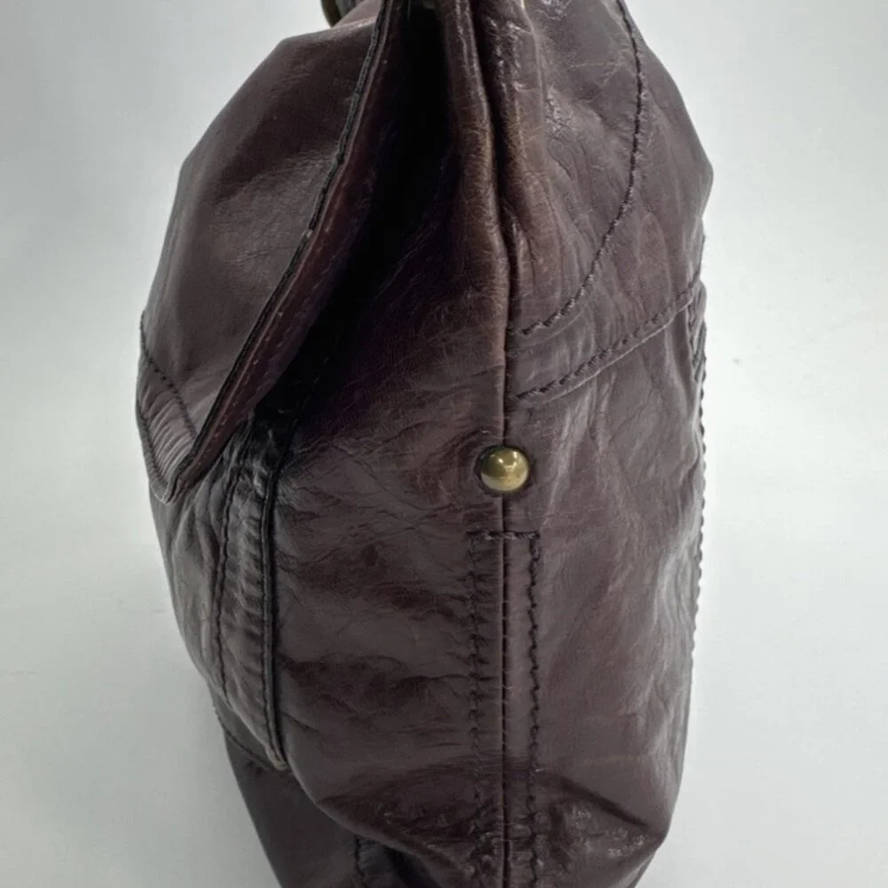 Vintage FOSSIL Leather Shoulder Messenger Bag Dark Plum Large Purse Y2K Hobnail